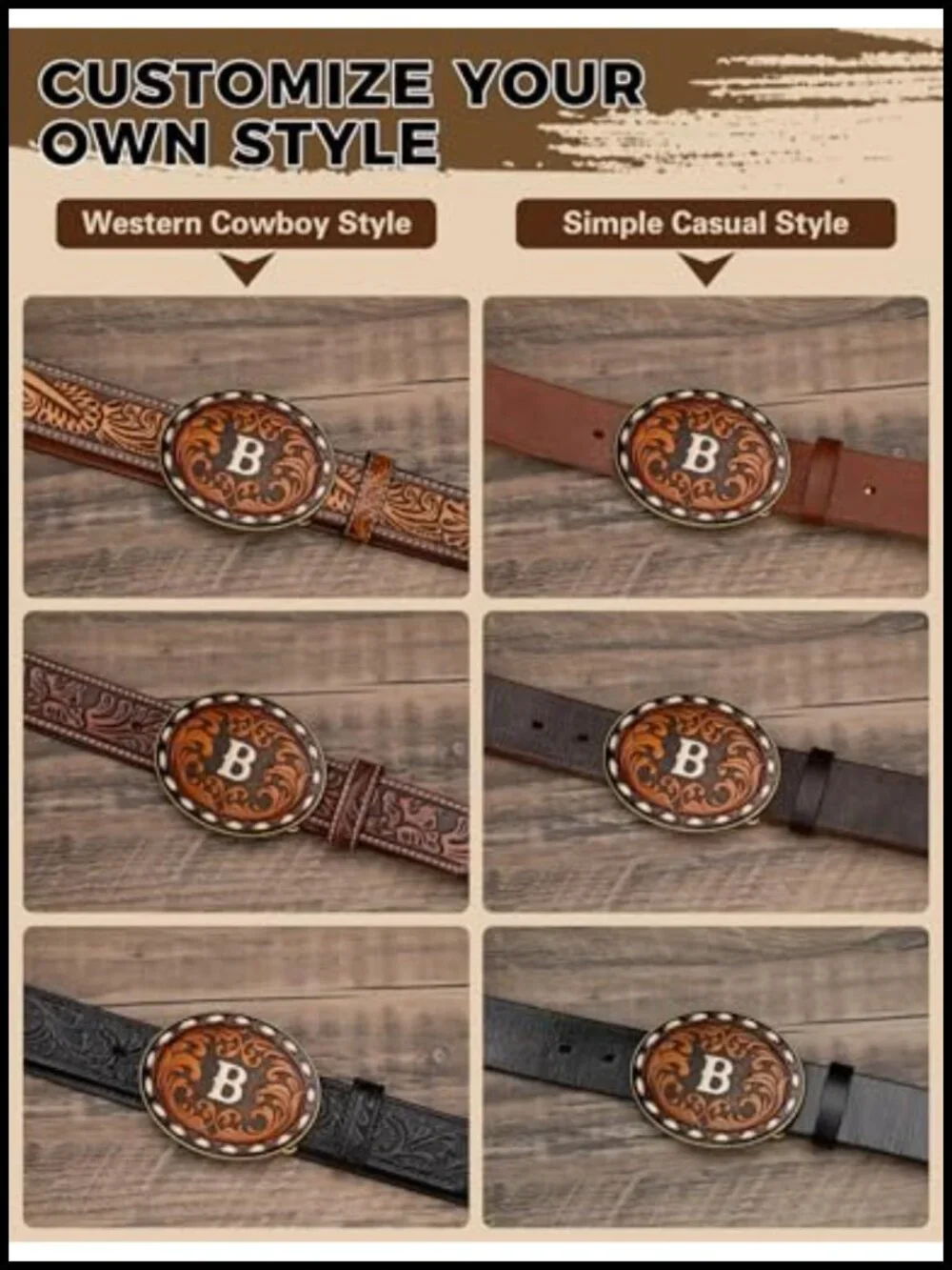 Western Initial Belt Buckle Genuine Leather Alloy A-Z 1.5 Inch